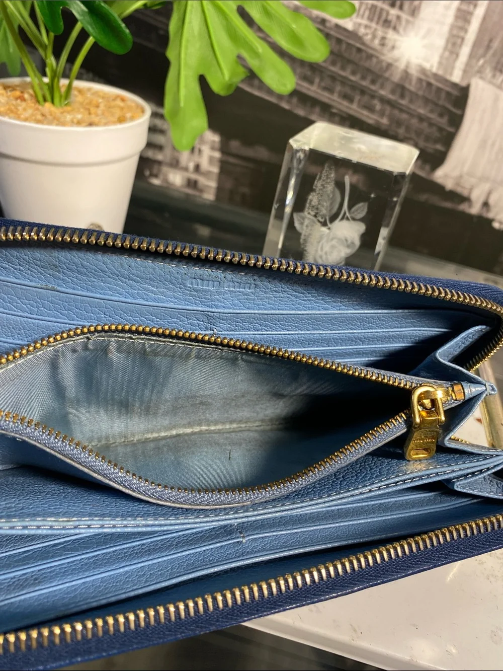 Authentic Miu Miu Royal Blue Leather Bow Long Wallet